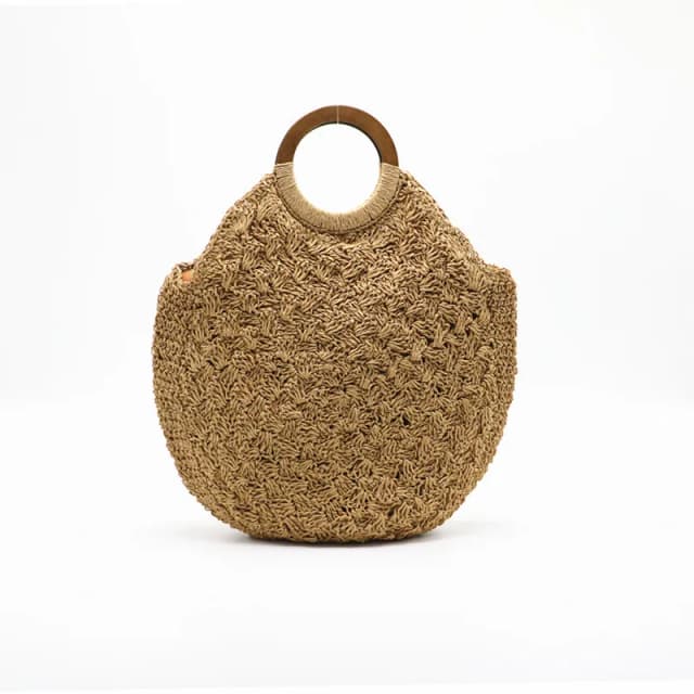 New 2024 Women's Woven Bag Wooden Handle Straw Shoulder Bags Round Large-capacity Beach Travel Handbag Crossbody Bag