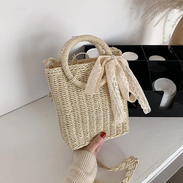 Summer Casual Small Bow Straw Shoulder Bags For Women Fashion Woven Beach Square Top-handle Handbags Ladies Daily Crossbody Bags