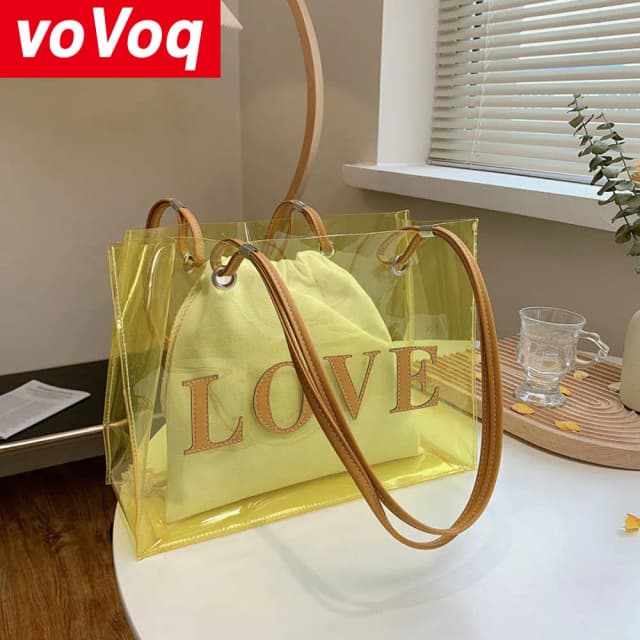 Hot Sales Women's Tote Bag Fashion Transparent Jelly Yellow Green Composite Bag Design High Capacity Storage Street Handbag