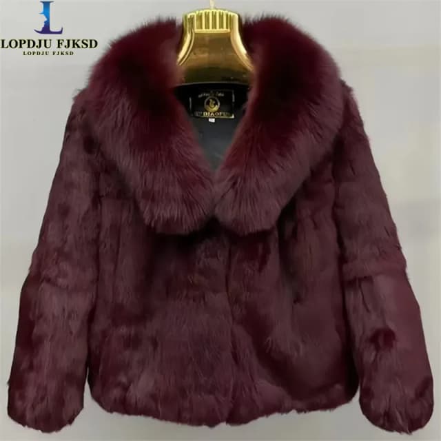 Real Rex Rabbit Fur Coat Women Autumn Winter Short Jacket Thick Warm New Fashion Fox Fur Collar Elegant Female Warm Outerwear