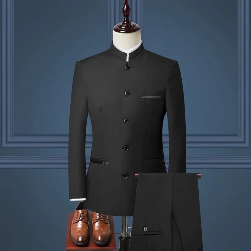 Mens Suits Set (Jacket+Pants) 2024 New Boutique Fashion Stand Collar Chinese Style Slim Fit Suits Two Piece Wedding Men Clothing
