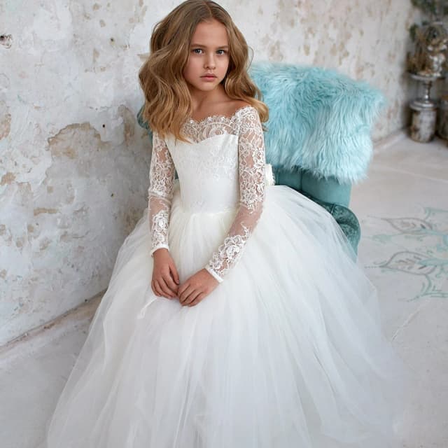 Customized Full Sleeves Flower Girl Dress Bohemian Tulle Ivory White Lace Bow Girls First Communion Gown Junior Bridesmaid Dress