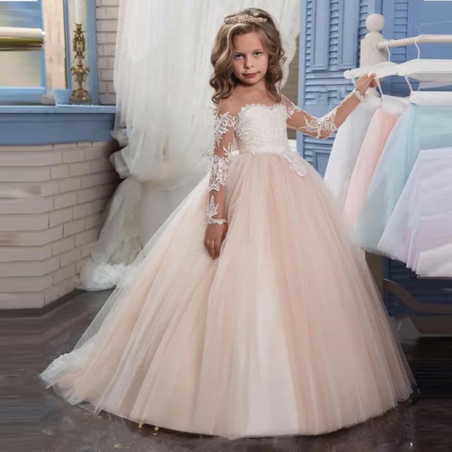 Customized Flower Girl Dresses Light Pink Tulle White Appliques Long Sleeve For Wedding Birthday Party Holy Communion Gown