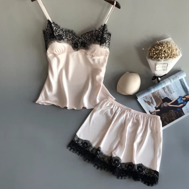 Women Pajama Suit Fashion V-Neck Stretch Satin Babydoll Lace Sexy Lingerie Bowknot Pyjamas Sleep Shorts Set Sleepwear New
