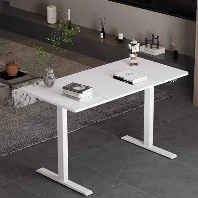 Height adjustable electric standing desk, sitting desk, motion desk, home office workstation, protection of the cervix and lower spine