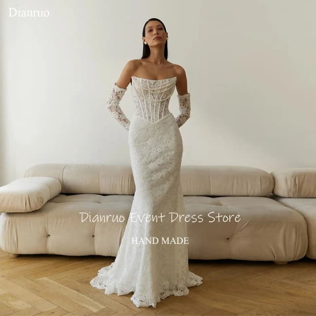 Dianruo Exquisite Strapless Mermaid Wedding Dresses Pearls Luxury Robe De Mariée 2025 Lace Appliques Maxi Bride Gowns Customized