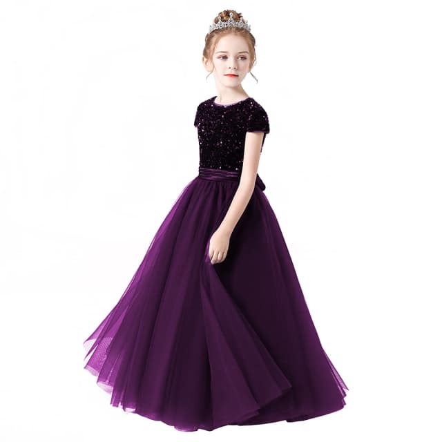 Dideyttawl Customized Sparkly Sequin Short Sleeve Flower Girl Dress Tulle Kid Birthday Party Pageant Prom Gown Junior Bridesmaid