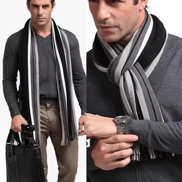 Classic Men's Scarf Winter Warm Faux Acrylic Soft Tassel Long Shawl Business Casual Striped Scarf Men's Clothing Accessories