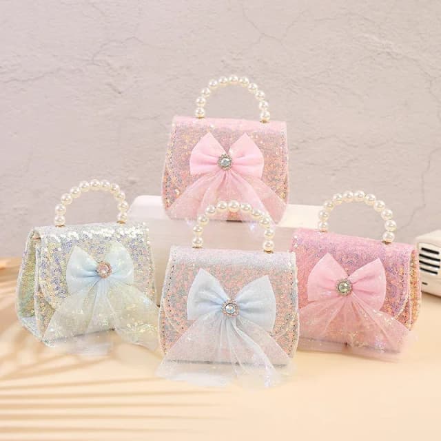 Fashion Lace Bow Children Shoulder Bag Pink Sequins Coin Purse Girls Pearl Handbag Korean Princess Chain Crossbody Bag for Kids
