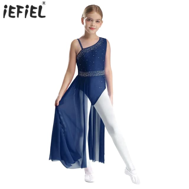 Kids Girls Ballet Lyrical Dance Dress Gymnastics Leotard with Skirt Sheer Mesh Figure Skating Modern Contemporary Dance Costume
