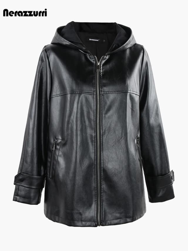 Nerazzurri Spring Autumn Black Waterproof Lightweight Soft Pu Leather Jacket Women with Hood Zipper Loose Casual Clothes 2023