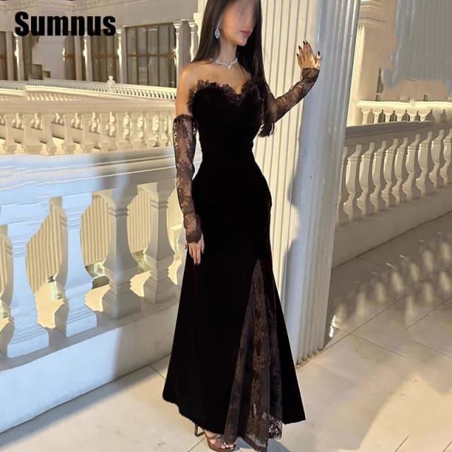 SUMNUS Black Lace Mermaid Prom Dress Sexy Illusion Strapless Sweetheart Evening Dresses Ankle Length Formal Gowns Customized