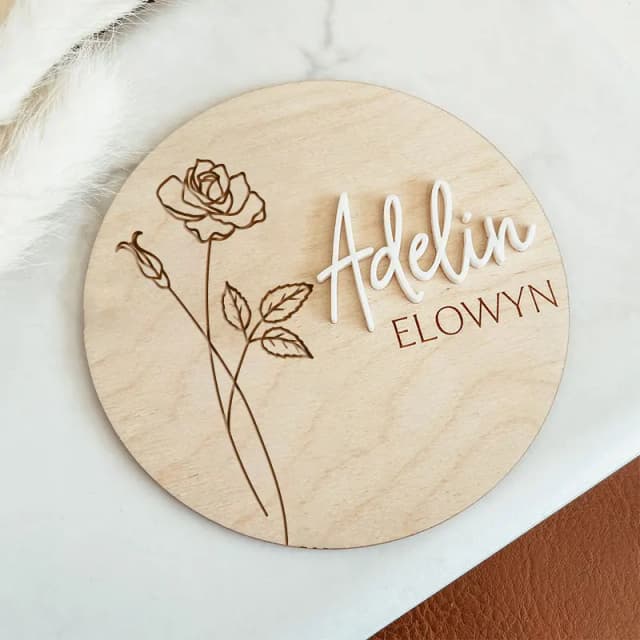 Customized Baby Wooden Birth Announcement Birth Flower Sign Baby Name, Hospital Newborn Photo Props, Month Flower Shower Gift