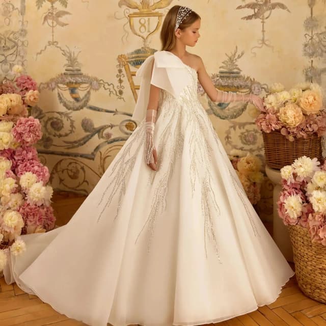 One Shoulder Flower Girl's Dresses for Wedding Luxury Beading Baby Girl Birthday Party Gowns Pageant Dress