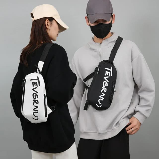 Men's Black Chest Bag Waterproof Nylon Letter Print Women White Crossbody Shoulder Bag Sports Couple Hiking Small Backpack Packs