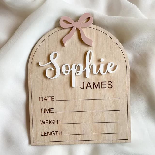Custom Bow Birth Announcement Sign Pink Bow Girl Birth Newborn Statistics Engraved Baby Name Sign Arched Name Plaque