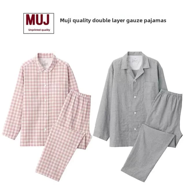 MuJ Unbranded Cotton Pajamas Long Sleeve Thin Double Layer Cloth Pure Cotton Plaid Home Clothes for Couples Spring Autumn Summer