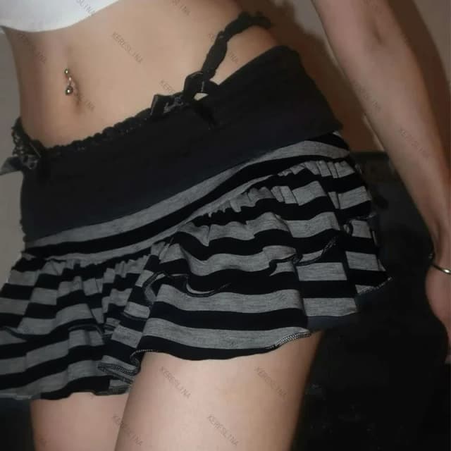 2026 Summer New Women's Wear  Y2K Grunge Black and Grey Striped Ruffle Mini Skirt  High Waist Elastic Waist Tight A-line Skirt