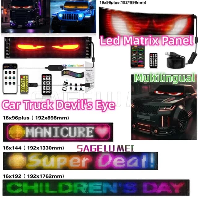 Multilingual Car LED Matrix Pixel Panel Scrolling Advertising Smart Blue-tooth App Control for Car Truck Devil's Eye Signs Light
