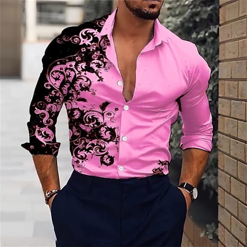 Men's pink fashion shirt party party fashion new men's long sleeve button lapel shirt slim fit stylish elegant men's T-shirt