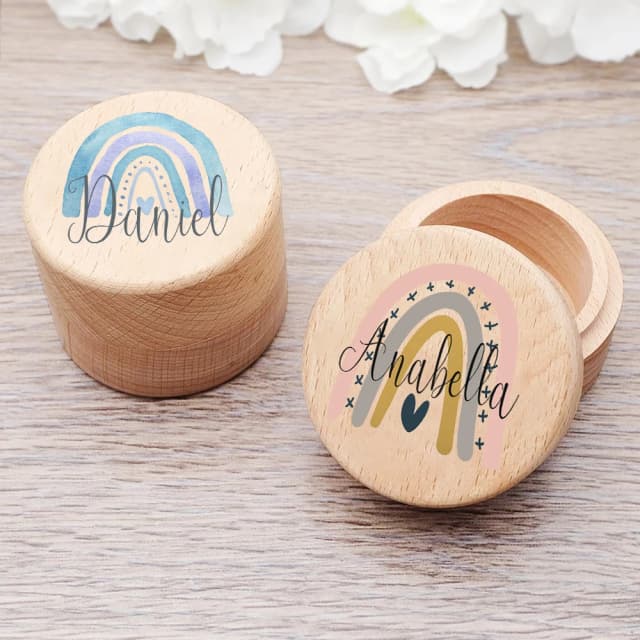Personalised Rainbow with Name Teeth Boxes Baby Tooth Box Custom Keepsake Umbilical Curl Hair Wood Collect Case Kids Shower Gift