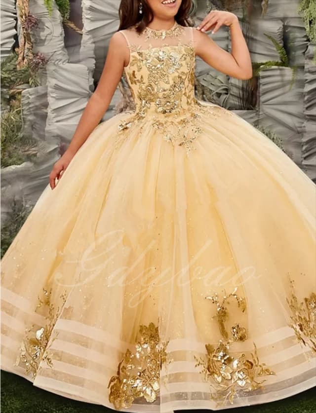 Gold Tulle Flower Girl Dress For Wedding Sleeveless Applique Puffy Floor Length Princess Kids First Communion Ball Gown