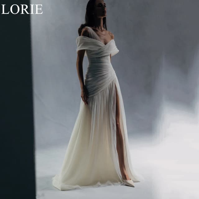 LORIE Elegant Tulle Wedding Dresses A-Line Off Shoulder Pleated Side Slit Draped Bride Prom Gown Illusion Bridal Gown Customized