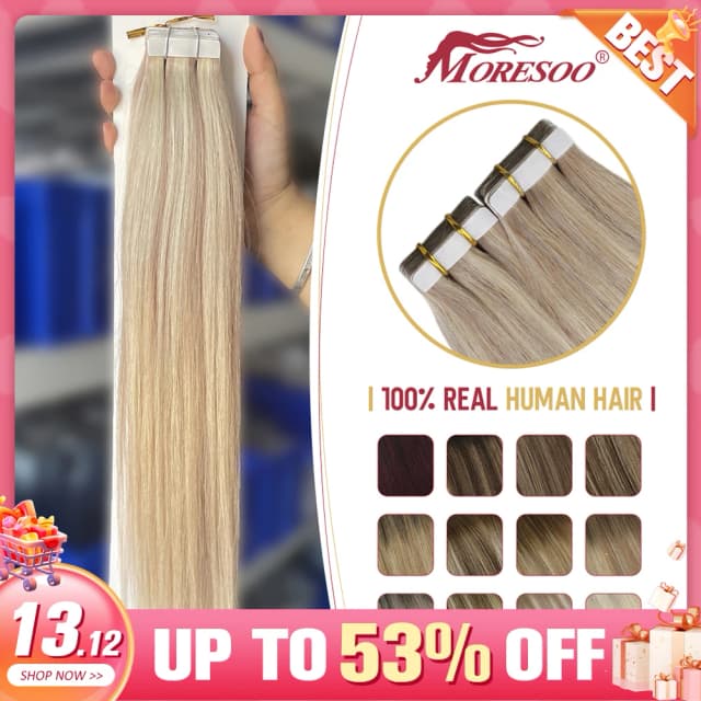Moresoo Human Hair Extensions Tape in Remy Ash Blonde Highlight Hair Silky Straight Hair Extensions 100% Real Tape in Human Hair
