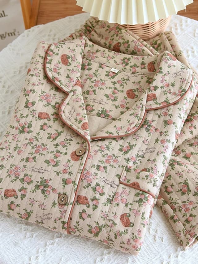 Thickened Pure Cotton Long Sleeve Sleepwear Set Air Cotton Home Clothes Warm Ladies Spring Autumn Home Clothes Set Floral Print