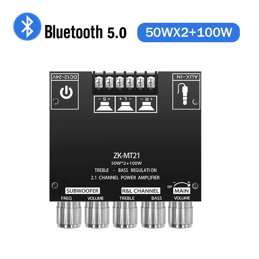 ZK-MT21 Channel Bluetooth 5.0 2.1 Subwoofer Amplifier Board 50W*2 +100W Power Audio Stereo Amplifier Board Bass AMP AUX