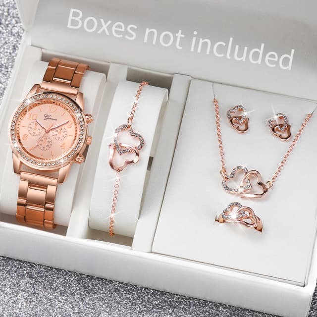 6PCS/Set Women's Watch Fashion Rhinestone Stainless Steel Band Quartz Watch Double Heart Jewelry Set（Without Box）