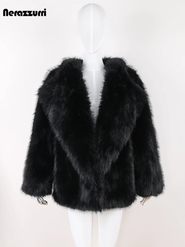 Nerazzurri Autumn Winter Black Thick Warm Hairy Shaggy Soft Faux Fox Fur Coat Women Long Sleeve Loose Casual Fluffy Jacket 2024