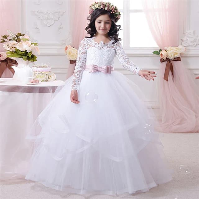 Customized Flower Girl Dresses White Tulle Puffy Tiered Appliques With Pink Bow Long Sleeve For Wedding Birthday Communion Gown
