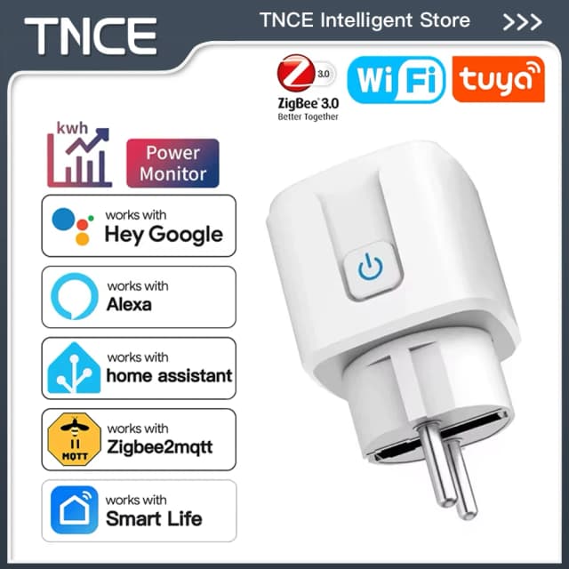 TNCE Tuya EU Plug WiFi or Zigbee3.0 Smart Socket 16/20A, Power Monitor Timer Function Voice Control With Alexa Google Home