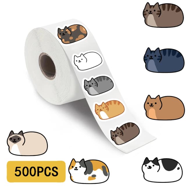 500Pcs Kawaii Cartoon Cat Roll Stickers – Waterproof Vinyl Decals for Laptop, Luggage, Skateboard & Phone