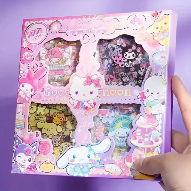 Hello Kittys Non-Repeating 100-Piece Sticker Set Cinnamorolls Kuromis Waterproof Stationery Sticker Gift Box Birthday Gift