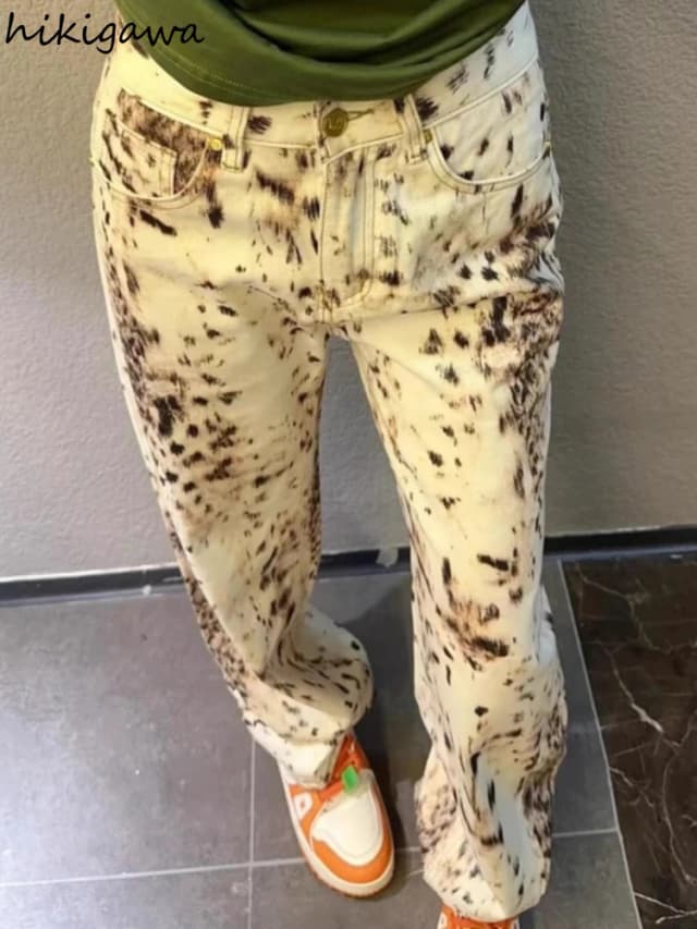 2024 New Bottoms Summer Women Jeans Vintage Streetwear Y2k Wide Leg Pants High Waist Casual Leopard Straight Denim Trousers