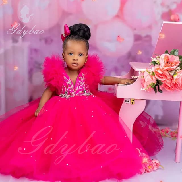 Customized Rose Pink Flower Girl Dress For Wedding Applique Puffy Sleeveless Baby Kids Birthday Party First Communion Gowns