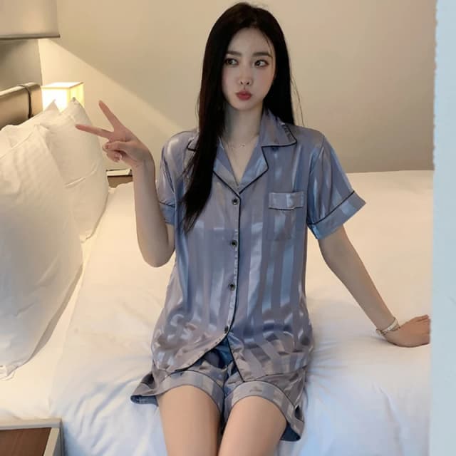 1 Set Women's Elegant Lounge Set, Plus Size Satin Striped Button Up Long Sleeve Shirt & Pants Pajamas