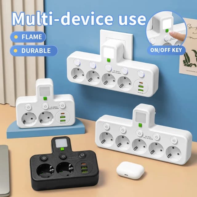 EU Plug Outlet Socket 5 Sockets Electrical Socket No Extension Cord With or without USB Type-C Ports Two specifications