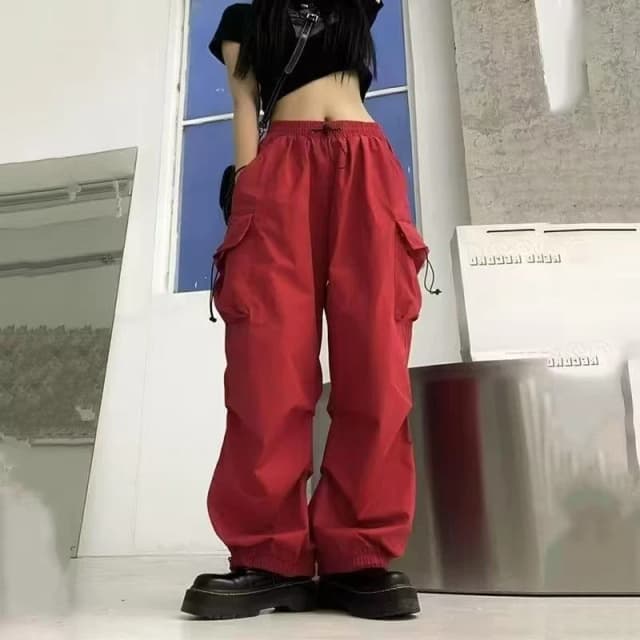 Women's loose oversized multi pocket black multi-color casual pants with wide legs