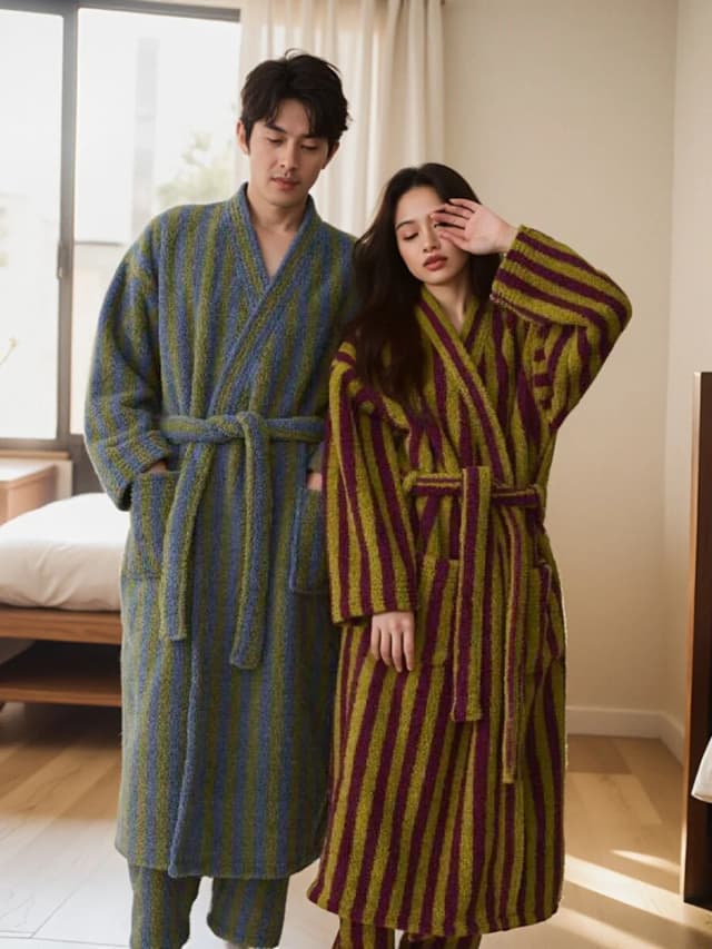 Couples Plush Sleepwear Coral Velvet Morning Bathrobe Long Thick Home Clothes Youth Winter Season Striped Pattern Couples Robe