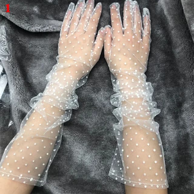 1 Pair Vintage Polka Dot Women Short Tulle Gloves Stretchy Lace Spots Full Finger Mittens Lace Sunscreen Gloves Wedding Gloves