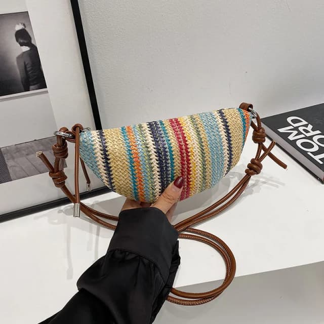 Handwork Straw Bag Summer Cute Semicircle Crossbody Bag Purses Straw Woven Women Axillary Pack Beach Travel Ladies Shoulder Bags