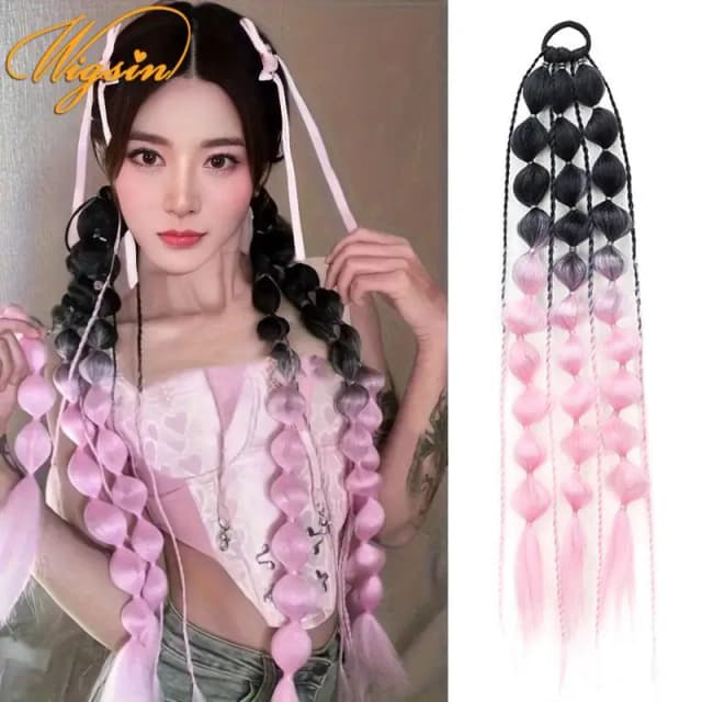 WIGSIN 24Inch Synthetic Colored Long Lantern Bubble Braid Ponytail Hair Extension Elastic Rubber Bands Hairpiece for Women