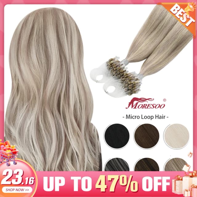 Moresoo Micro Link Hair Extensions Human Hair Micro Loop Hair Cold Fusion 50G Invisible Brazilian PreBonded Remy Micro Ring Hair