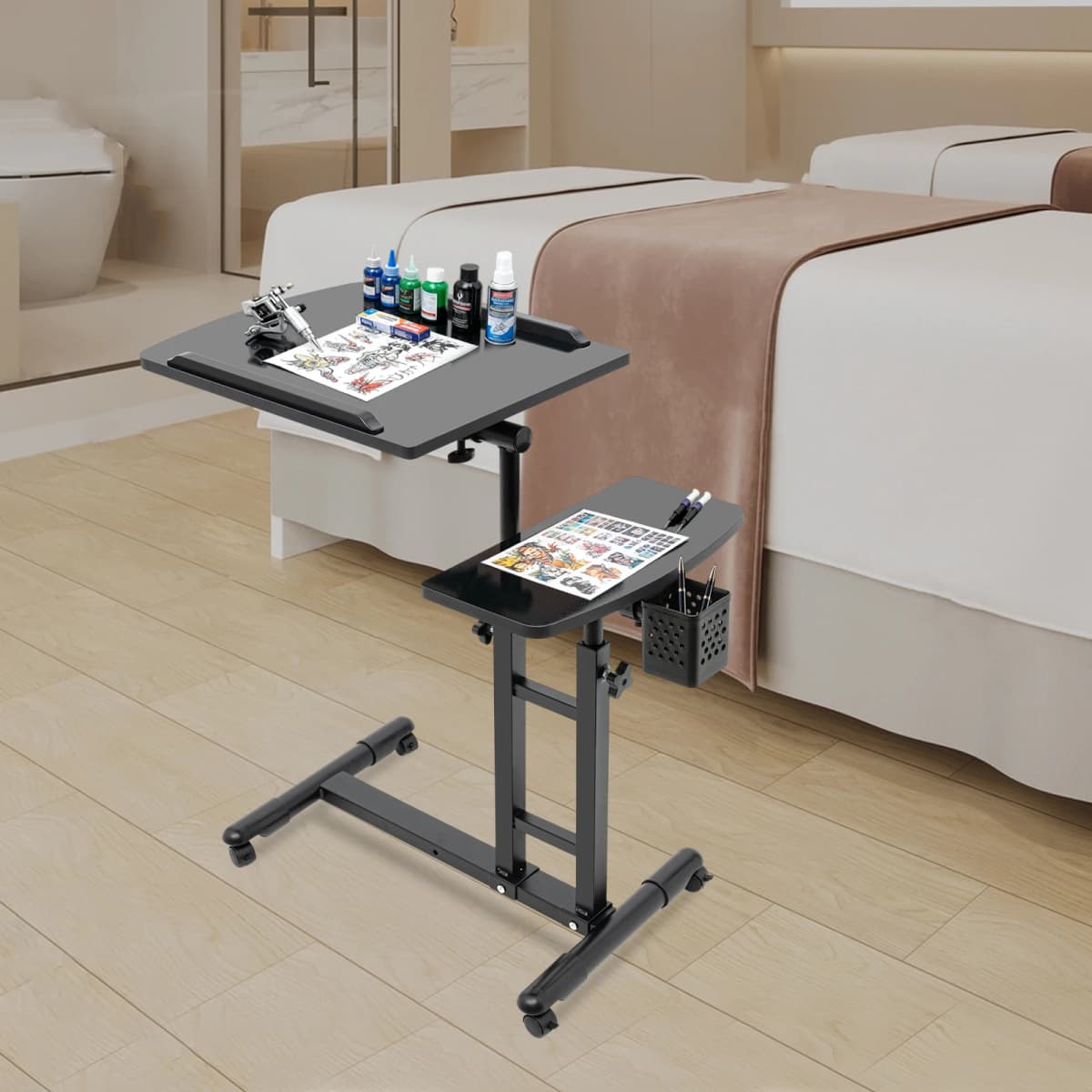 Mobile Tattoo Cart with Locking Casters Adjustable Height & Angle Tray Tattoo Workstation Rolling Stand for Home Tattoo Studio