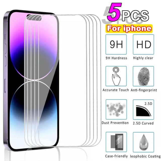 5pcs Tempered Glass For iPhone 15 Pro Max Screen Protector For iphone 7 8 11 12 13 14 Plus X XR XS Max Mini Protective Glass
