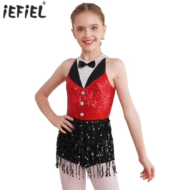 Sequin Modern Hip Hop Jazz Dance Performance Costume Children Girls Sleeveless Boyshorts Dress Sequin Tassel Latin Dance Dress