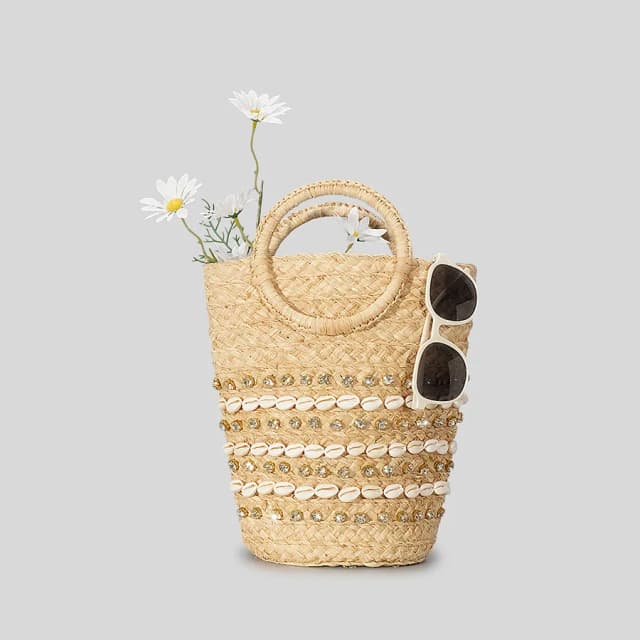 Ethnic Style 2024 Woven Bag Rattan Woven Ring Shell Shoulder Handbag Handmade Straw Woven Bucket Bag